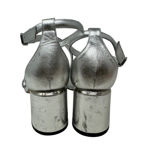 Jimmy Choo Rheea Metallic Block Heel Sandals Womens Size 37 US 7 Silver *READ - Picture 5 of 9